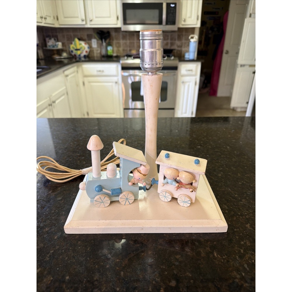 Vintage Train Lamp Nursery Wooden Blue Cream No Shade Bedroom Decor